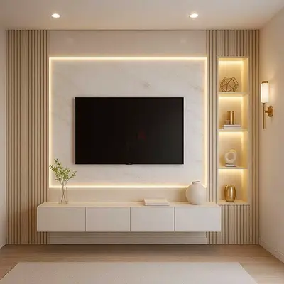 Modern wall-mounted entertainment unit with LED backlit panel and floating cabinet