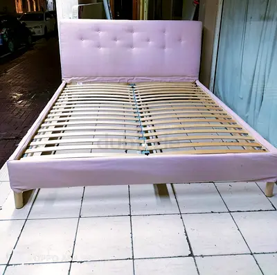 Light Pink Upholstered Double Bed Frame with Headboard (No Mattress)
