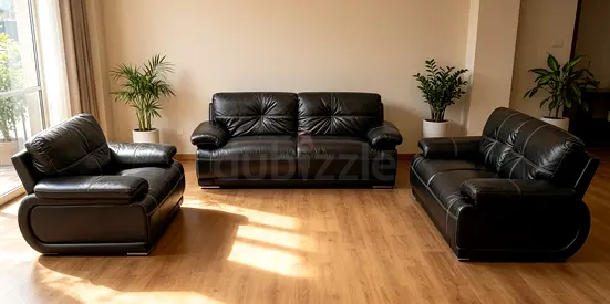 Black Leather 3-Piece Sofa Set — 3-Seater + 2-Seater + Armchair