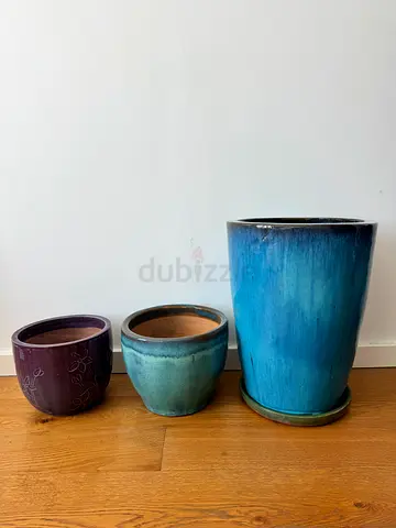 Set of 3 Ceramic Plant Pots - Blue  Purple Glazed