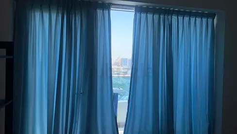 3 large windoes each 70  Light Blue Curtain Pair -grey  Ready to Hang (Good Condition)