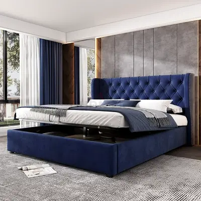 Blue Upholstered Storage King Bed with Tufted Headboard