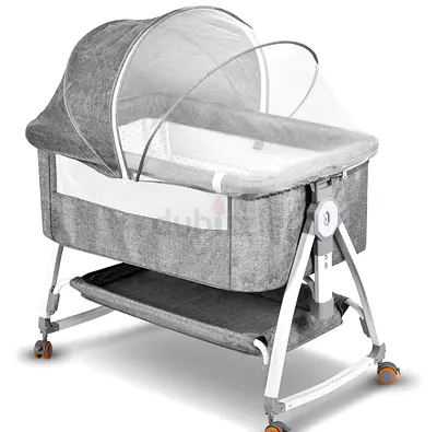 Gray Portable Bassinet with Canopy and Storage Shelf with mattress and new unopened extra sheets