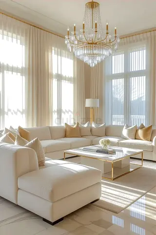 Large L-shaped Cream Sofa with Ottoman — Modern Living Room Set