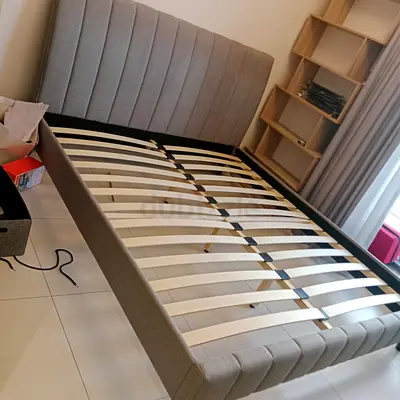 King Size Upholstered Bed Frame with Headboard - Grey Fabric