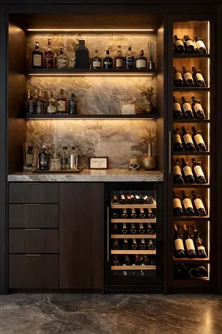 Built-in Wooden Home Bar with Wine Storage and LED Lighting