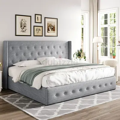 King Size Upholstered Platform Bed with Button-Tufted Headboard - Light Grey