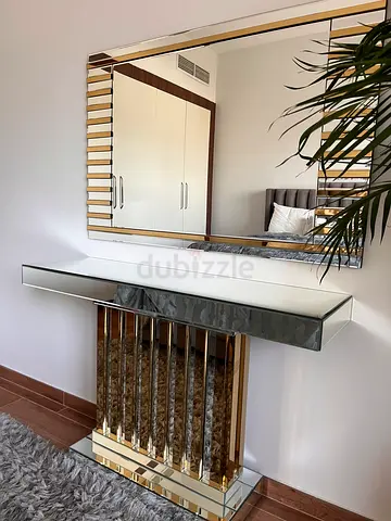 Mirrored Console Table with Large Decorative Wall Mirror - Modern Entryway Set