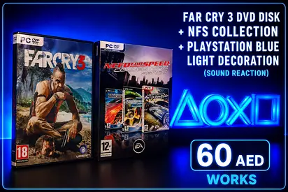 Far Cry 3 + NFS : Most Wanted/Underground/Underground 2 + blue glowing Playstation decoration
