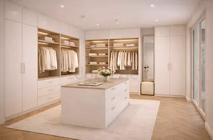 Built-in Walk-in Closet Wardrobe with Center Island - White Finish