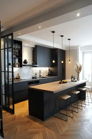 Modern Black Kitchen Island with Wooden Countertop and Bar Stools