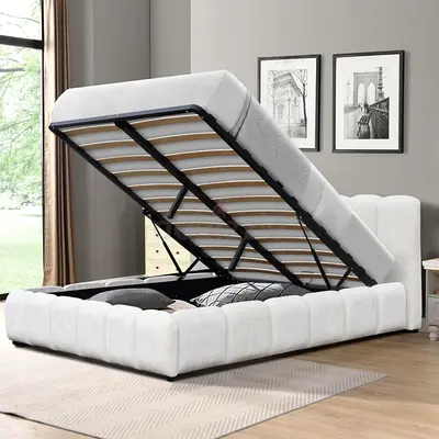 White fabric straight stitch king storage bed