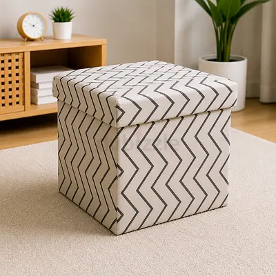 Foldable Storage Box Stool - Cotton Linen Ottoman (30x30x30 cm)