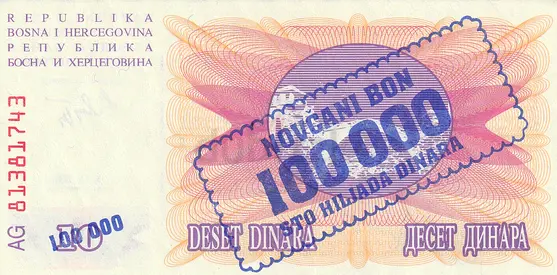 BOSNIA  HERSOGOVINA 100000 DINARA OVERPRINT BANKNOTE 1993