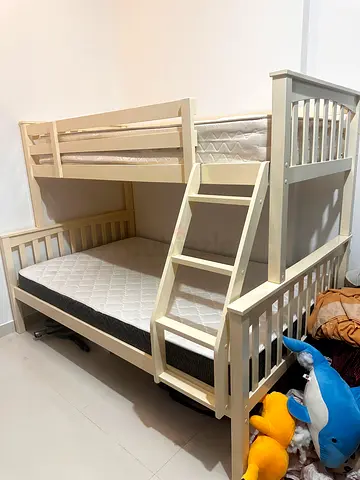 Wooden Bunk Bed for Kids with Two Mattresses (Beige/White)