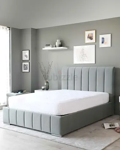 Grey Upholstered Double Bed with Padded Headboard (Modern) - Good Condition