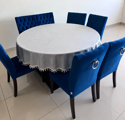 Round Dining Table (The One) with 6 Blue Velvet Chairs - Excellent Condition
