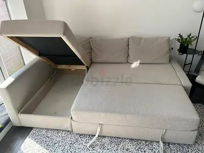 Light Beige L-Shaped Storage Sofa Bed — Convertible, Good Condition