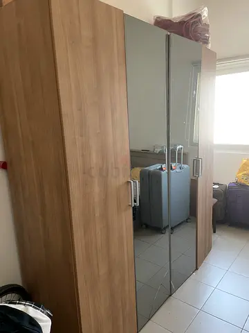 4- Door Mirrored Wardrobe - Light Wood Finish, Good Condition.