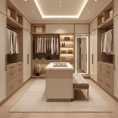 Spacious Custom Walk-in Closet with Island and Built-in Storage