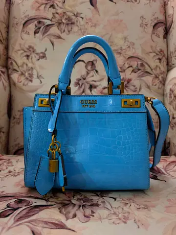 Light blue Guess crocodile-effect leather handbag with gold hardware - small satchel