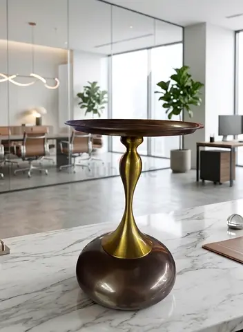 Modern Sculptural Side Table - Brass  Wood Accent
