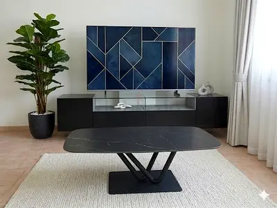 Modern Black Marble-Top Coffee Table with Geometric Base
