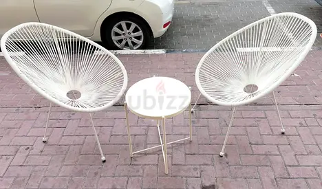 White Outdoor Patio Set - 2 Woven Chairs with Round Side Table