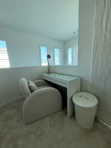 Vanity dressing table with upholstered bouclé chair and Bin set