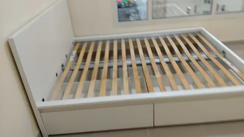 Ikea White Wooden Bed Frame with Slatted Base and Storage Drawers - Queen