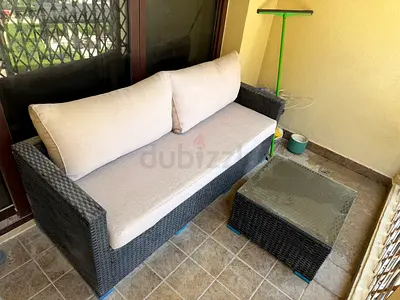 Outdoor Rattan Sofa with Cushions and Matching Coffee Table - 2-Seater