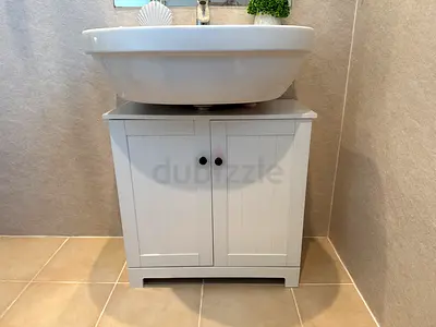 White Bathroom Sink Cabinet with Storage - Compact Vanity Unit 2 Set
