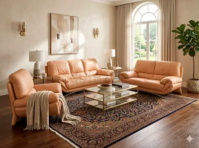 Peach Tan Leather Sofa Set Like New