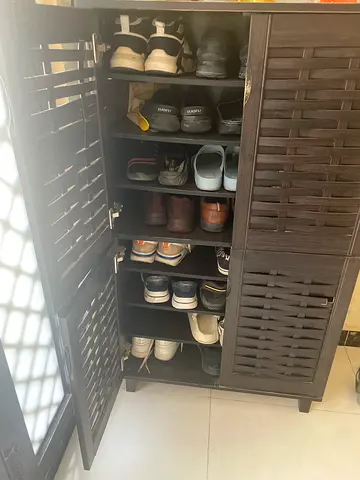 Dark Wood Shoe Cabinet with Slatted Doors - 3-Tier Storage