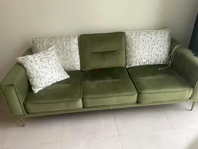 Green 3-Seater Velvet Sofa with Cushions - Good Condition
