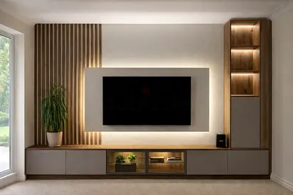 Modern wall-mounted TV entertainment unit with built-in shelves and LED backlighting