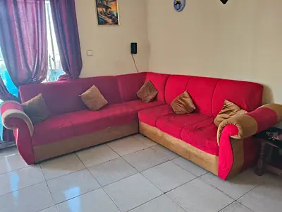 Red and Beige L-Shaped Corner Sofa - 4-Seater