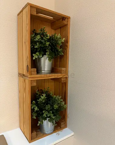 2 Potted artificial plants with pot and wooden crate shelves