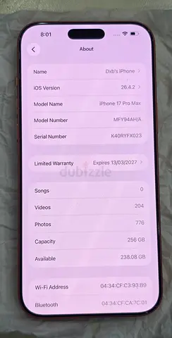 I phone 17 pro max 256 gb 100 battery 78 cycle count