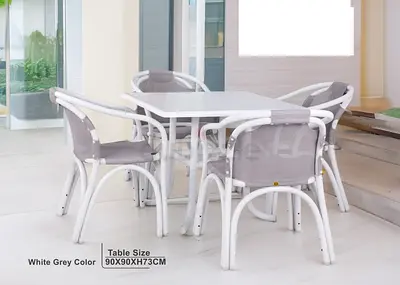 White Grey Outdoor Dining Set - 4 Chairs with Square Table (90x90x73cm)