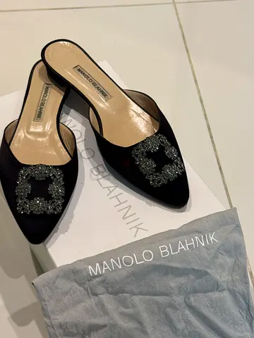 Manolo Blahnik Black Satin Embellished Mules - Size 38 eur