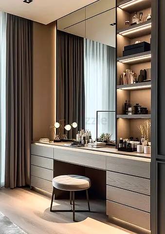 Modern Built-in Dressing Table with Mirror and Shelves