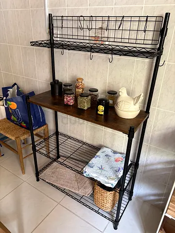 Black Metal Kitchen Storage Rack with Wooden Shelves - 3 Tier Organizer