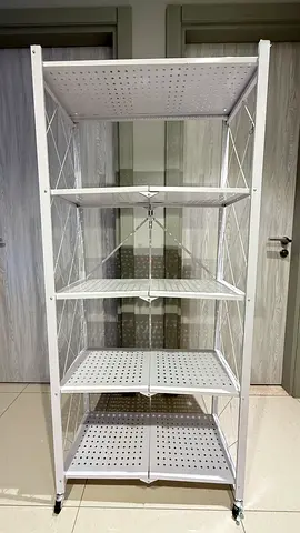 White Metal 5-Tier Shelving Unit on Wheels - Good Condition