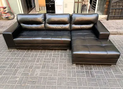 Black L-shaped Leather Sofa with Chaise - Good Condition