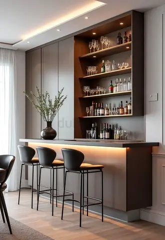 Modern Built-in Home Bar with Shelving and Counter