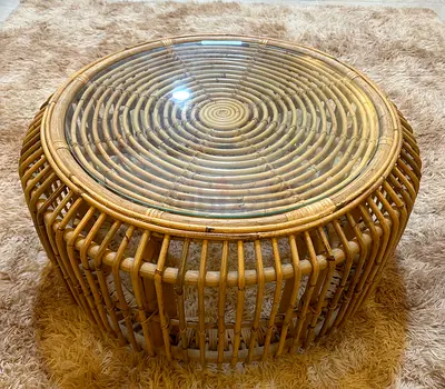 Round Rattan Coffee Table with Glass Top