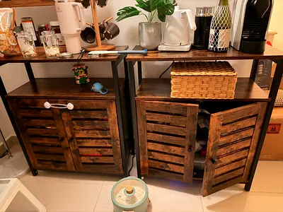 Pair of Rustic Wooden Side Cabinets with Open Shelves
