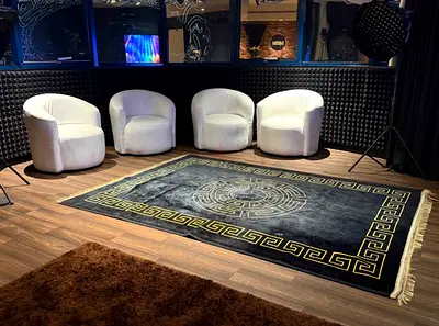 Set of White Velvet Round Chairs and Decorative Rug