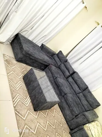 5-Seater Modular L-Shape Grey Fabric Sofa with Ottoman and Coffee Table